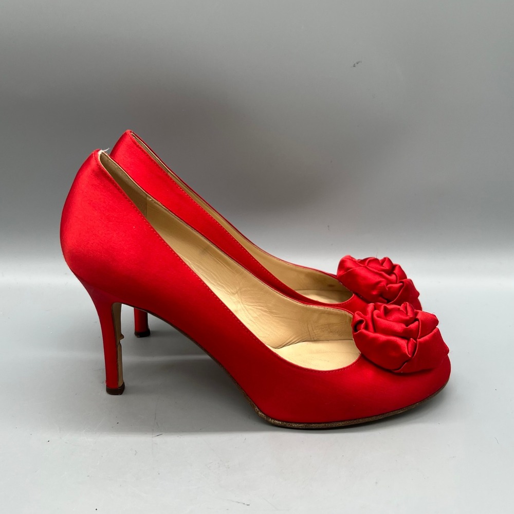 Kate Spade Shoes Womens 8.5 Red Satin Rosette Stiletto Heels Coquette Vtg Pumps
